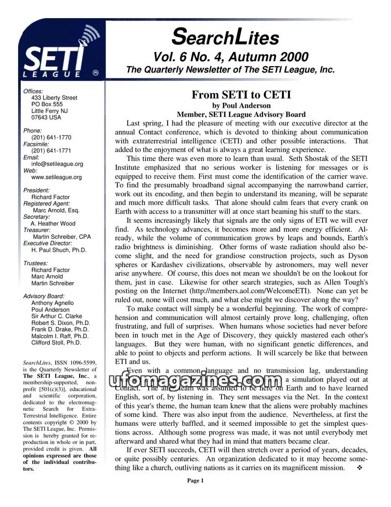 Cover of SearchLites (SETI League) issue Vol. 6 No. 4, Autumn 2000: SearchLites