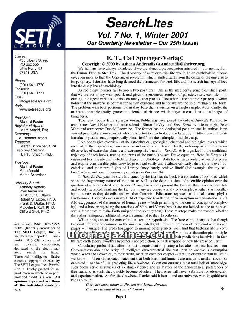 Cover of SearchLites (SETI League) issue Vol. 7 No. 1: SearchLites