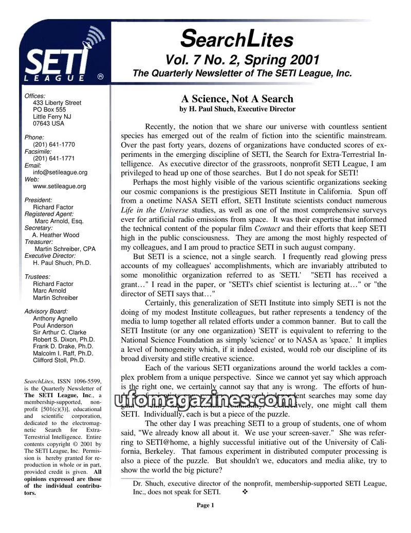 Cover of SearchLites (SETI League) issue Vol. 7 No. 2: SearchLites