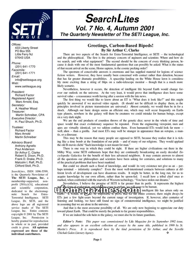 Cover of SearchLites (SETI League) issue Vol. 7 No. 4: SearchLites