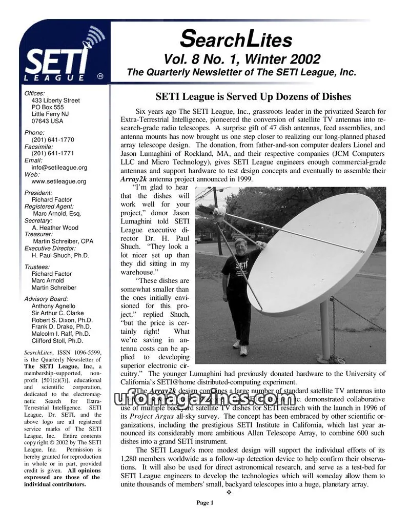 Cover of SearchLites (SETI League) issue Vol. 8 No. 1: SearchLites