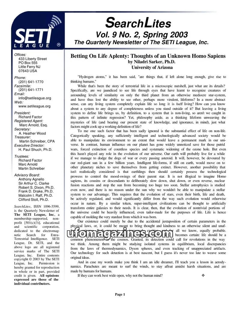 Cover of SearchLites (SETI League) issue Vol. 9 No. 2: SearchLites