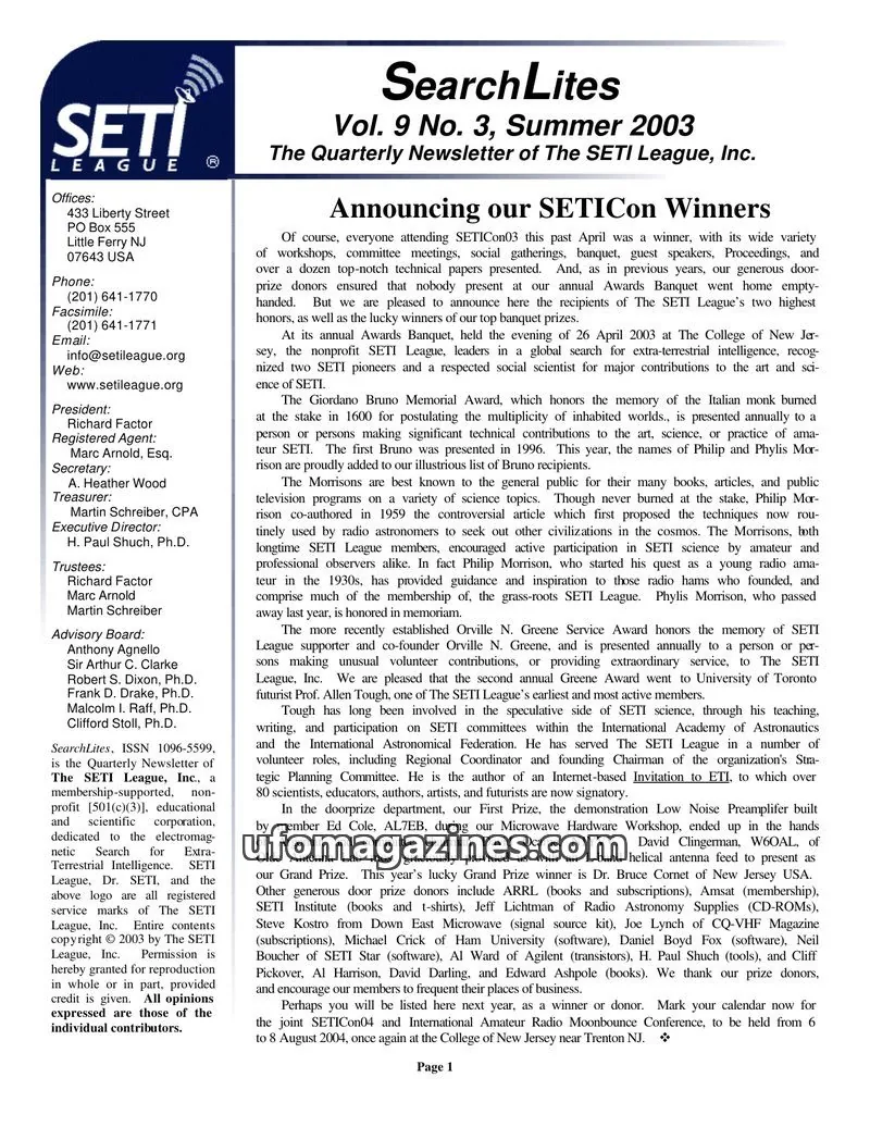 Cover of SearchLites (SETI League) issue Vol. 9 No. 3: SearchLites