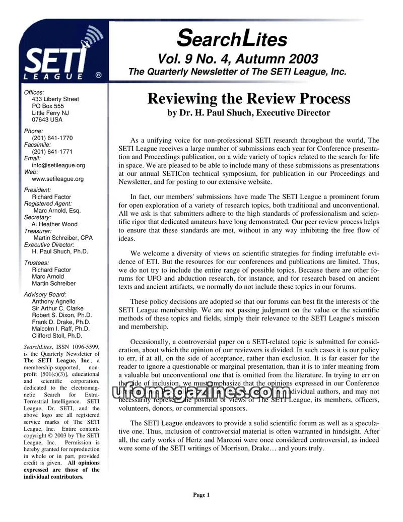Cover of SearchLites (SETI League) issue Vol. 9 No. 4: SearchLites