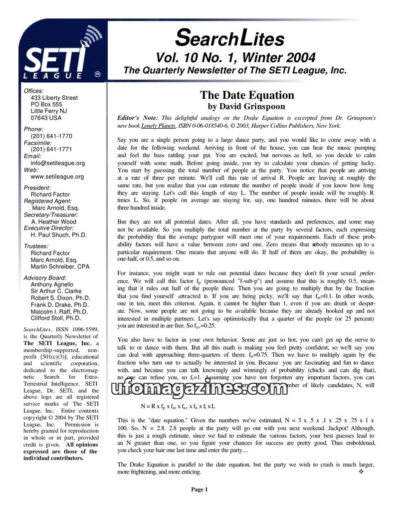 Cover of SearchLites (SETI League) issue Vol. 10 No. 1: SearchLites