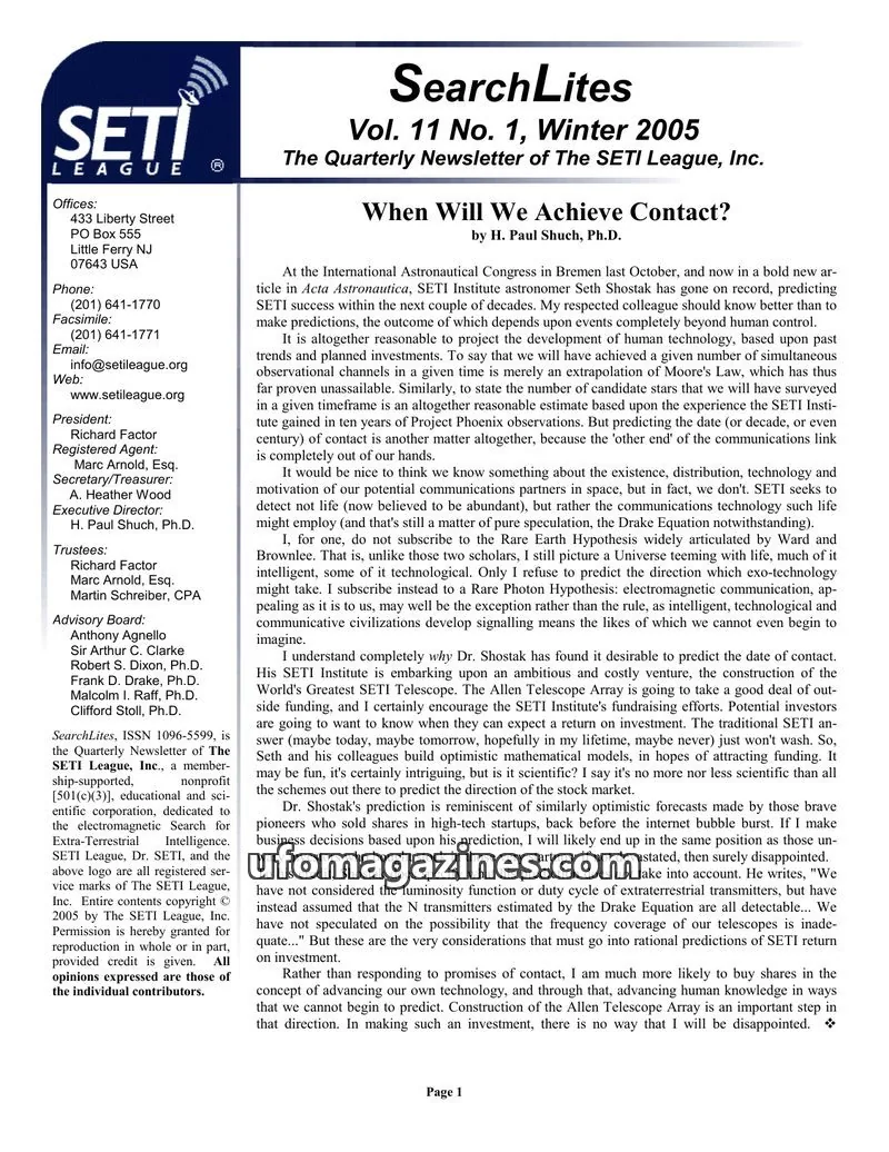 Cover of SearchLites (SETI League) issue Vol. 11 No. 1: SearchLites