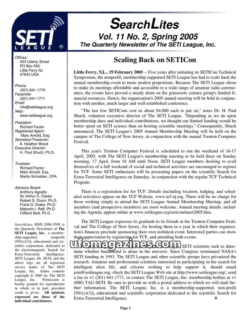 Cover of SearchLites (SETI League) issue Vol. 11 No. 2: SearchLites