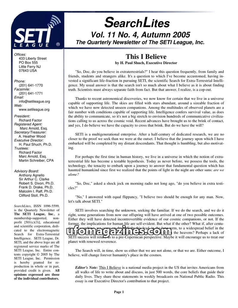 Cover of SearchLites (SETI League) issue Vol. 11 No. 4: SearchLites