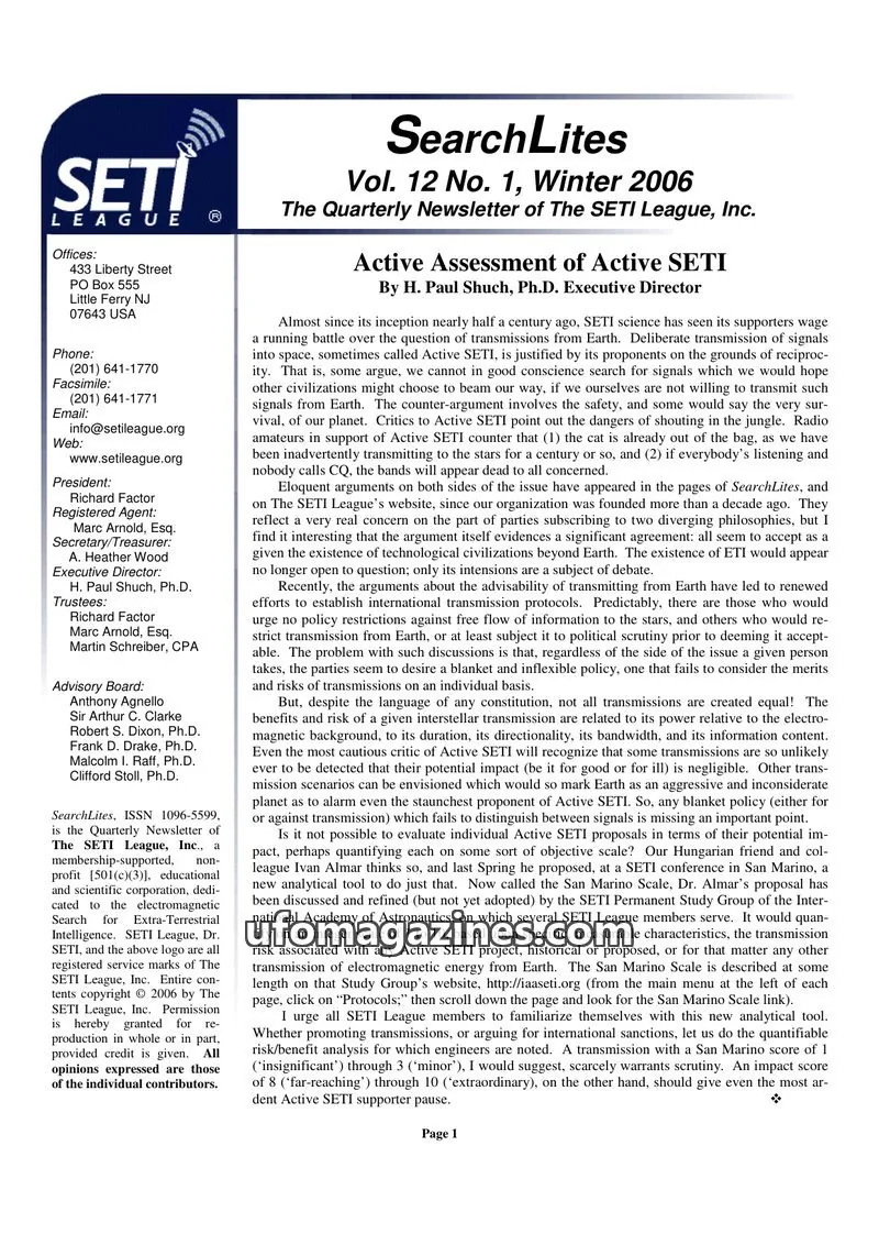 Cover of SearchLites (SETI League) issue Vol. 12 No. 1: SearchLites