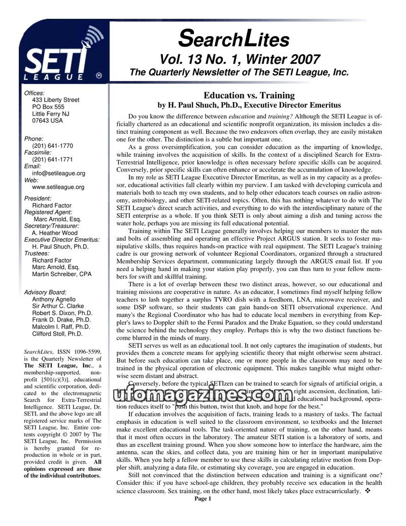 Cover of SearchLites (SETI League) issue Vol. 13 No. 1: SearchLites