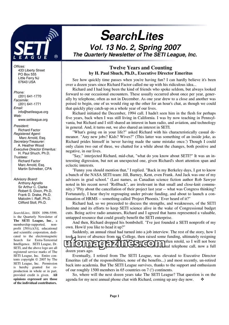 Cover of SearchLites (SETI League) issue Vol. 13 No. 2: SearchLites