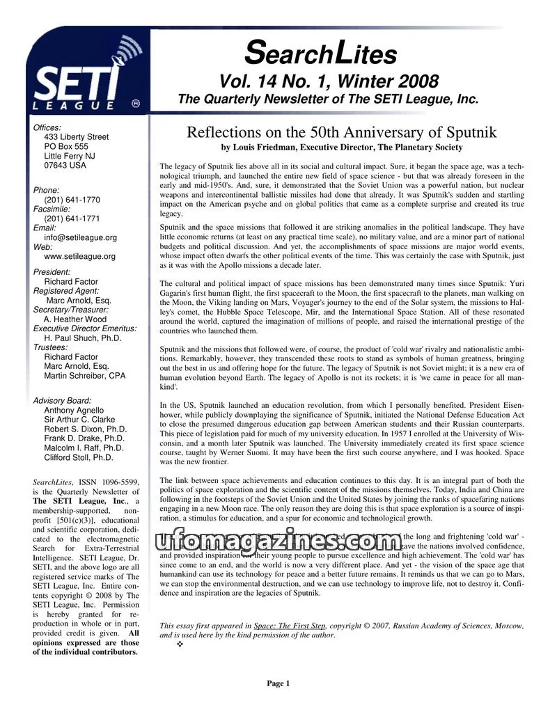 Cover of SearchLites (SETI League) issue Vol. 14 No. 1: SearchLites