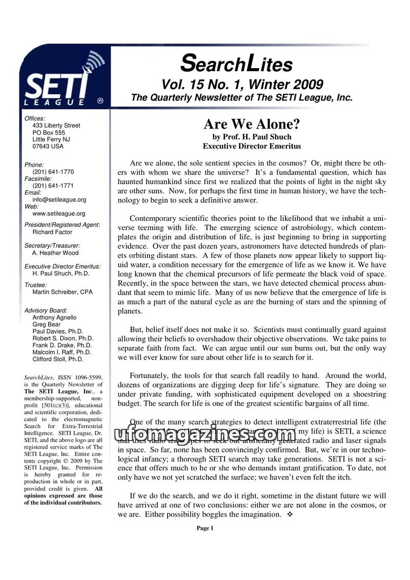 Cover of SearchLites (SETI League) issue Vol. 15 No. 1: SearchLites