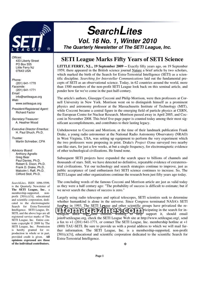 Cover of SearchLites (SETI League) issue Vol. 16 No. 1: SearchLites