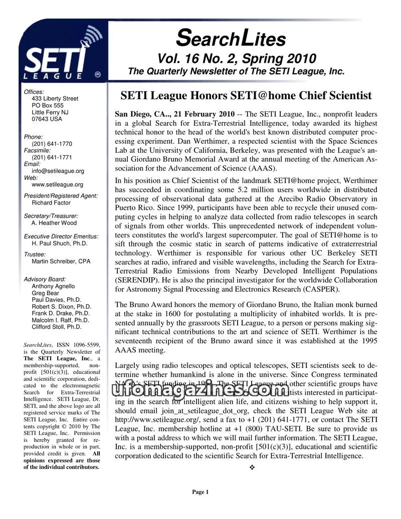 Cover of SearchLites (SETI League) issue Vol. 16 No. 2: SearchLites