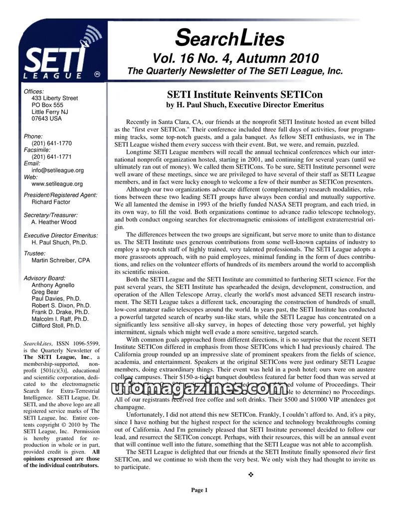 Cover of SearchLites (SETI League) issue Vol. 16 No. 4: SearchLites