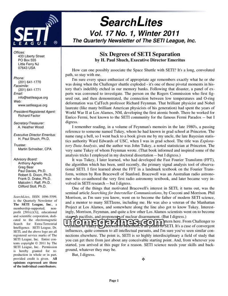 Cover of SearchLites (SETI League) issue Vol. 17 No. 1: SearchLites