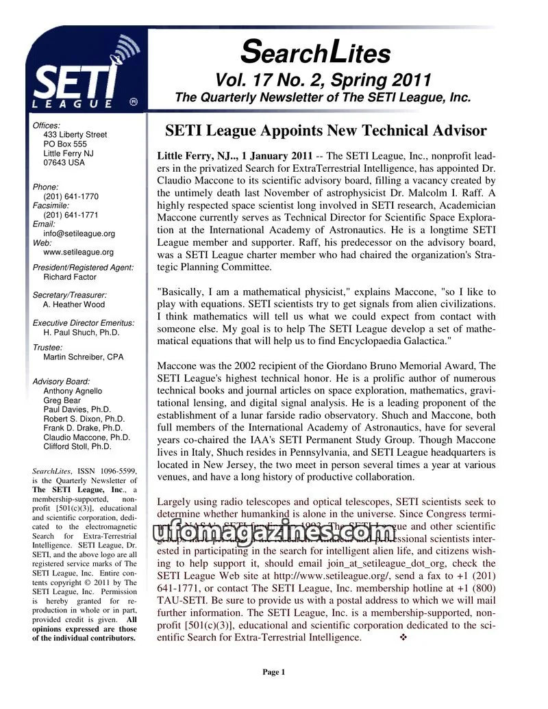 Cover of SearchLites (SETI League) issue Vol. 17 No. 2: SearchLites