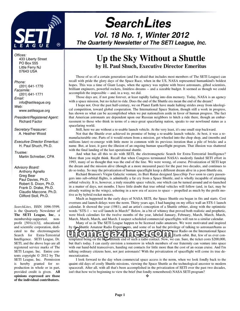 Cover of SearchLites (SETI League) issue Vol. 18 No. 1: SearchLites