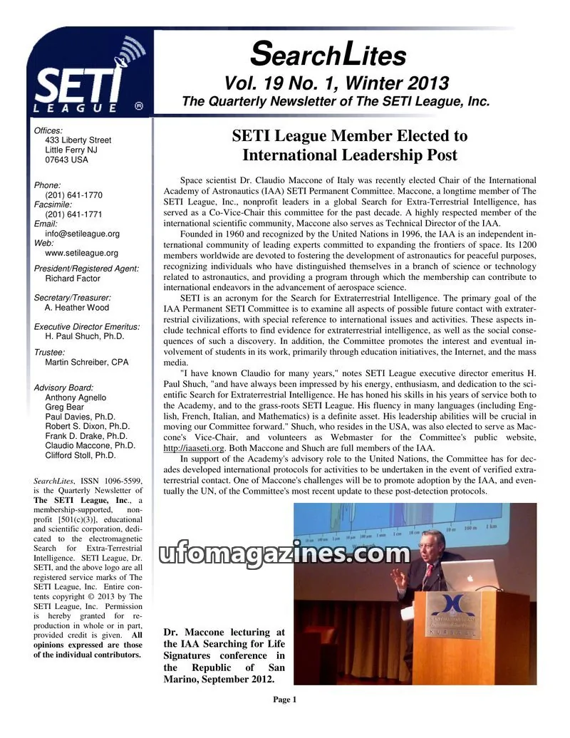 Cover of SearchLites (SETI League) issue Vol. 19 No. 1: SearchLites