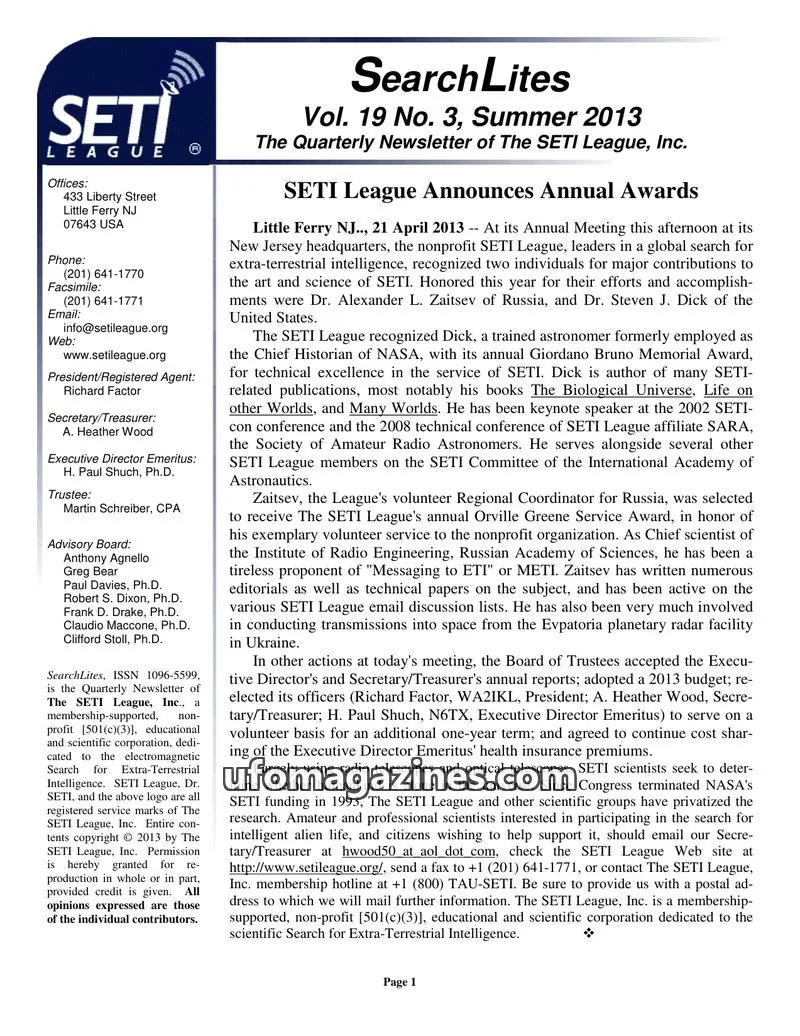 Cover of SearchLites (SETI League) issue Vol. 19 No. 3: SearchLites