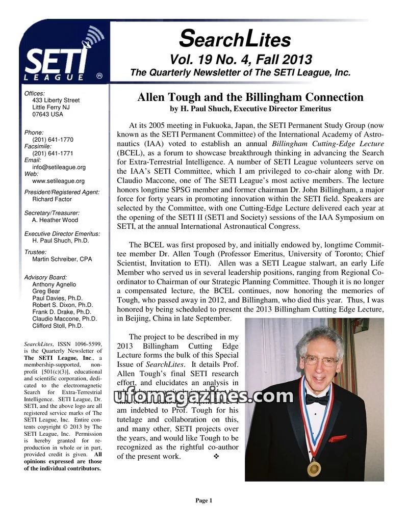 Cover of SearchLites (SETI League) issue Vol. 19 No. 4: SearchLites