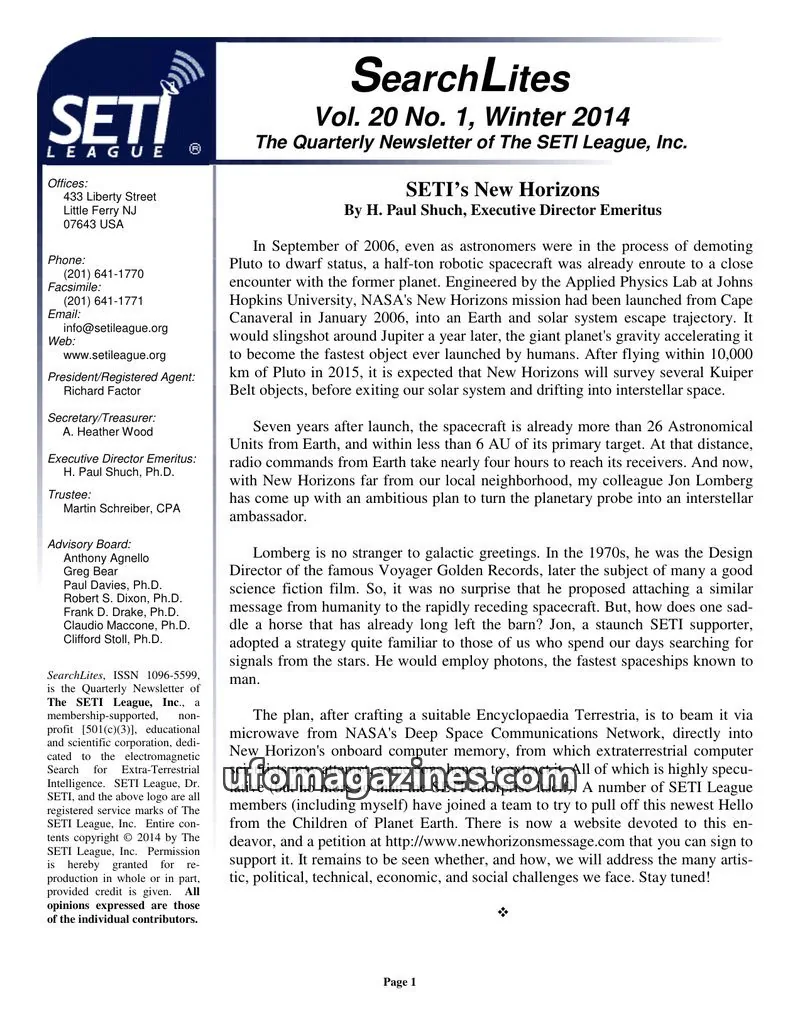 Cover of SearchLites (SETI League) issue Vol. 20 No. 1: SearchLites