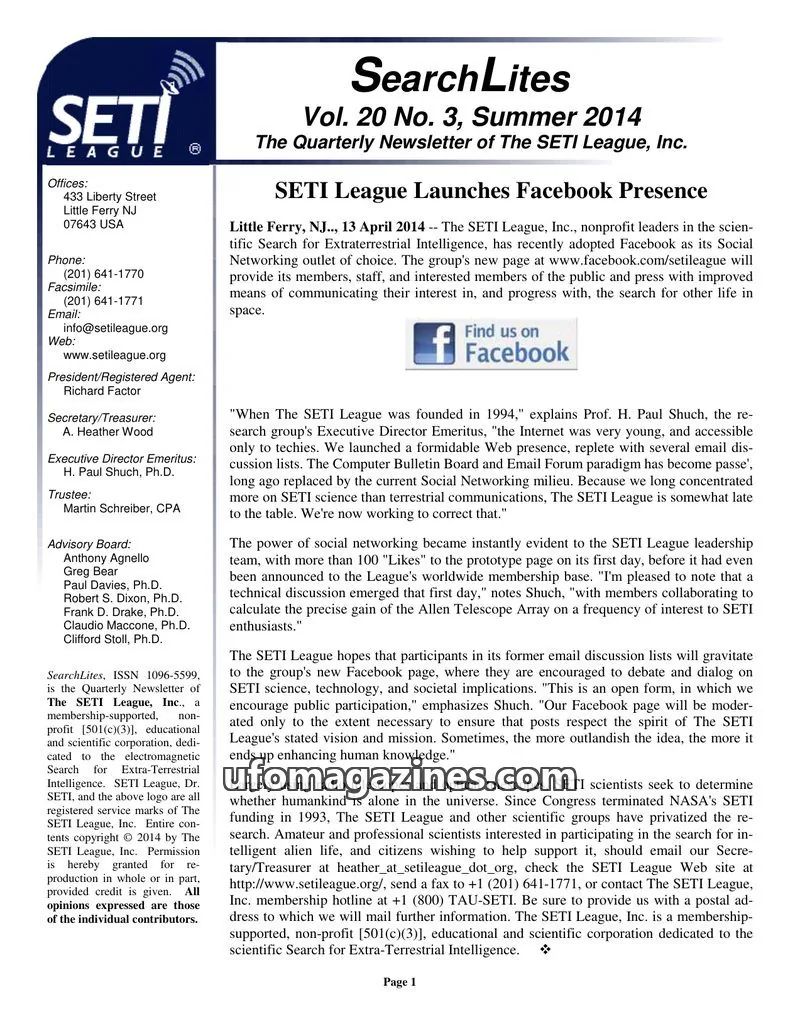Cover of SearchLites (SETI League) issue Vol. 20 No. 3: SearchLites