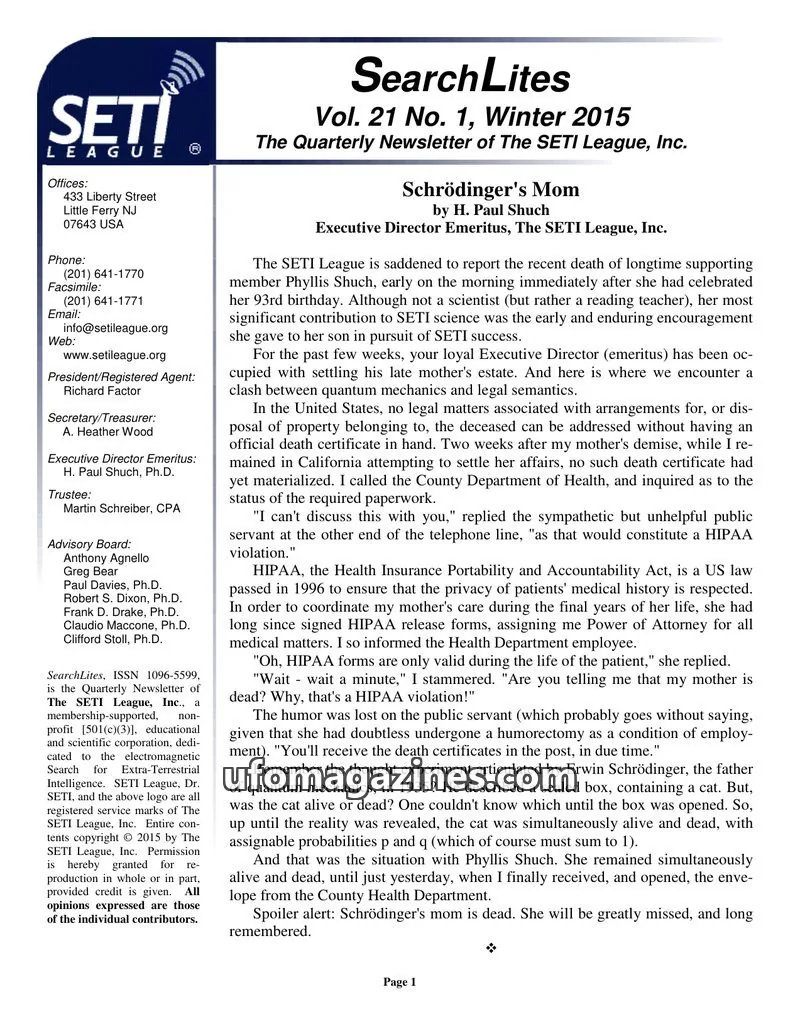 Cover of SearchLites (SETI League) issue Vol. 21 No. 1: SearchLites