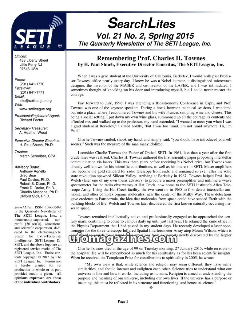 Cover of SearchLites (SETI League) issue Vol. 21 No. 2: SearchLites