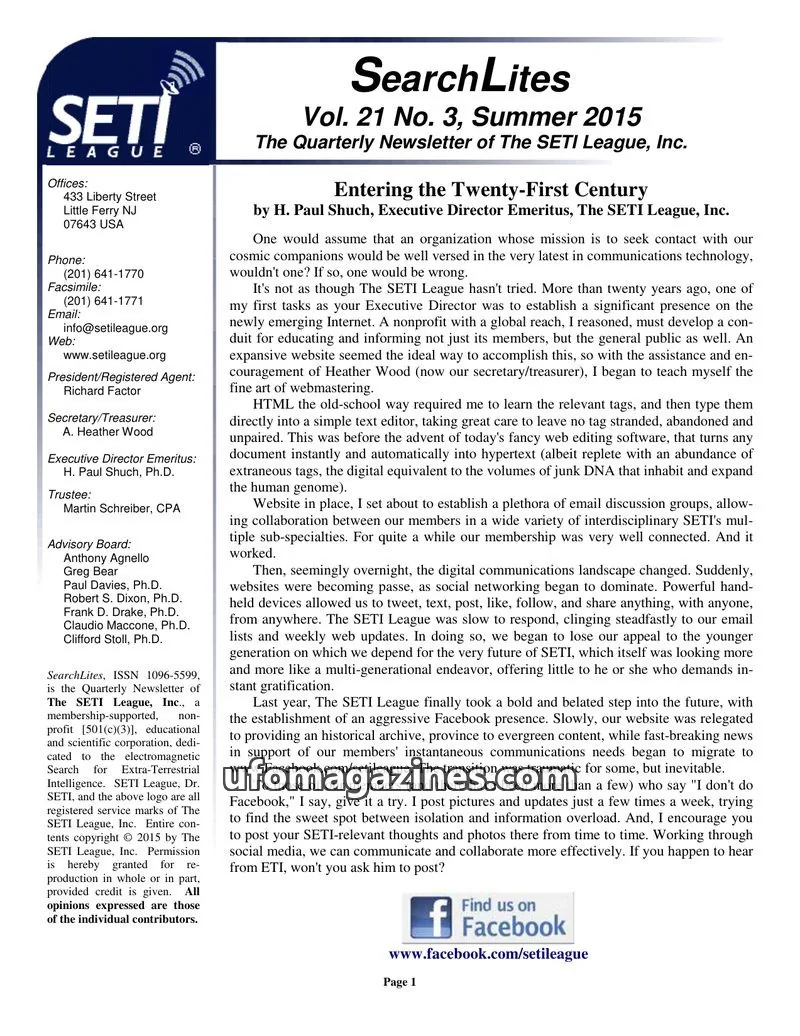 Cover of SearchLites (SETI League) issue Vol. 21 No. 3: SearchLites