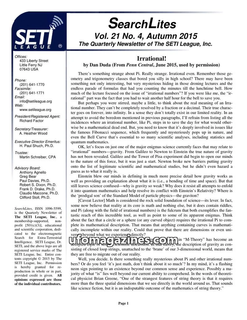 Cover of SearchLites (SETI League) issue Vol. 21 No. 4: SearchLites