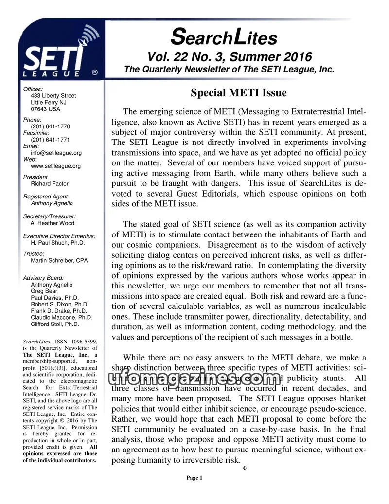 Cover of SearchLites (SETI League) issue Vol. 22 No. 3: SearchLites