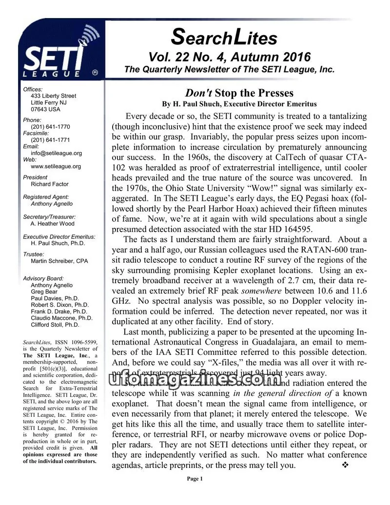 Cover of SearchLites (SETI League) issue Vol. 22 No. 4: SearchLites