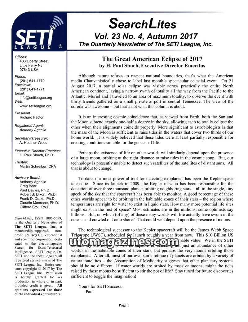 Cover of SearchLites (SETI League) issue Vol. 23 No. 4: SearchLites