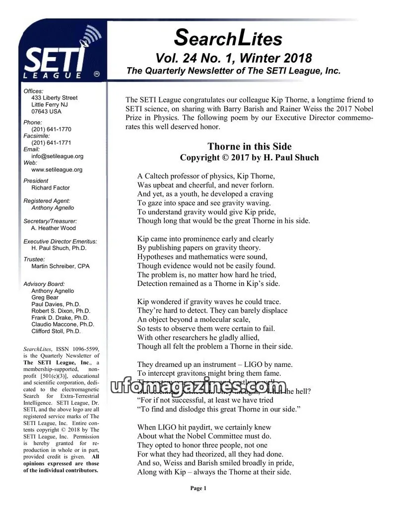 Cover of SearchLites (SETI League) issue Vol. 24 No. 1: SearchLites