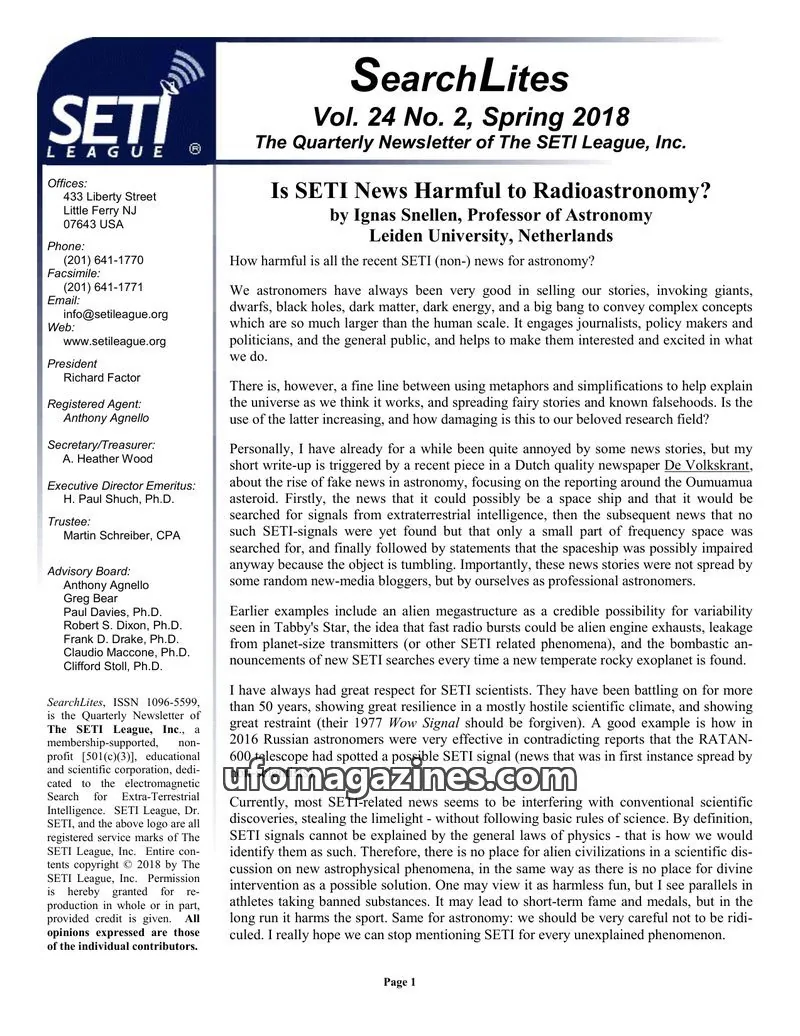 Cover of SearchLites (SETI League) issue Vol. 24 No. 2: SearchLites