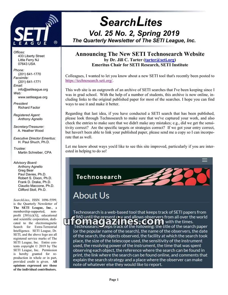 Cover of SearchLites (SETI League) issue Vol. 25 No. 2: SearchLites