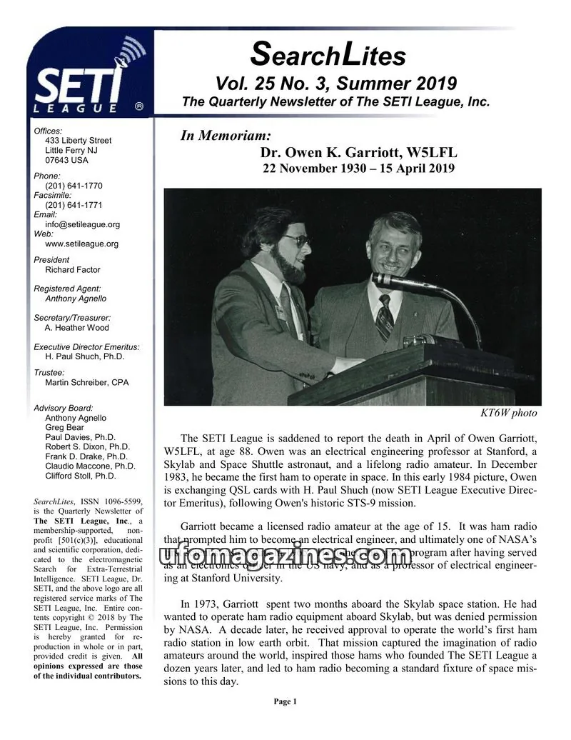 Cover of SearchLites (SETI League) issue Vol. 25 No. 3: SearchLites