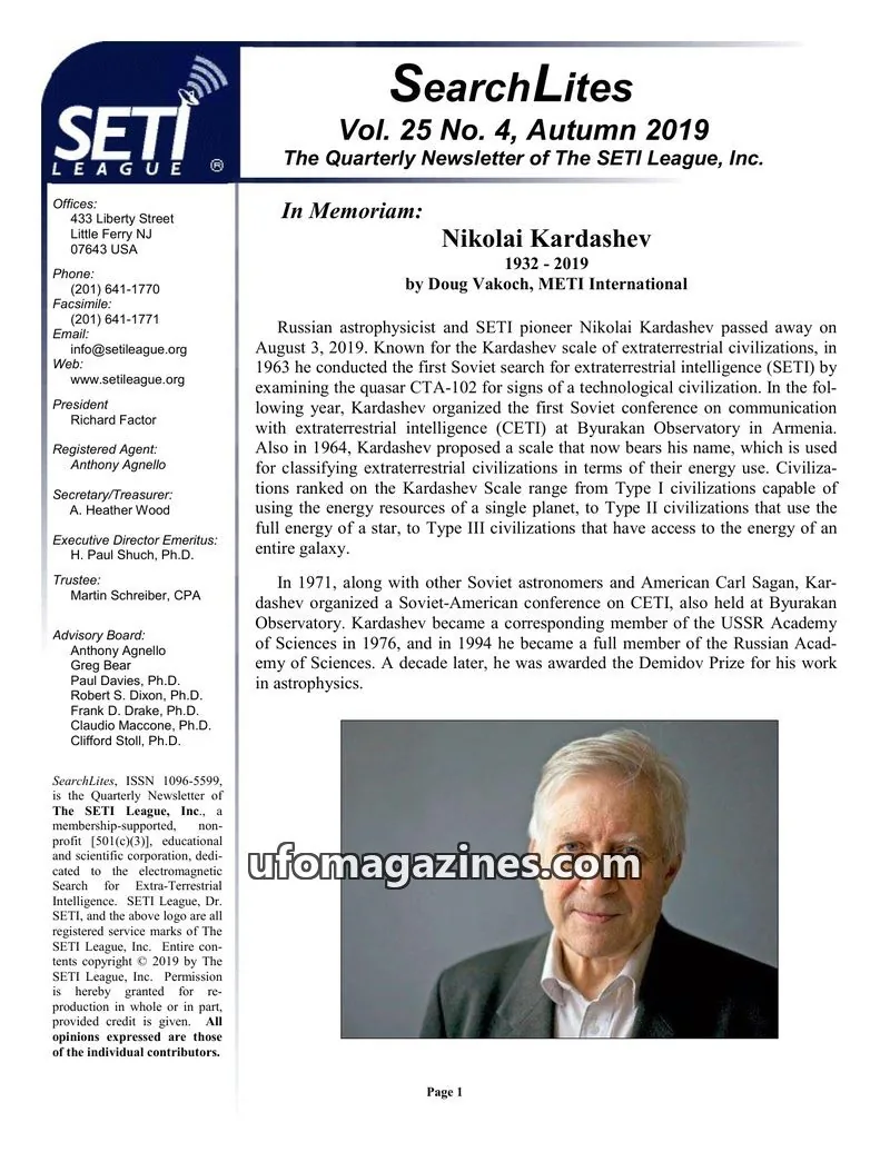 Cover of SearchLites (SETI League) issue Vol. 25 No. 4: SearchLites