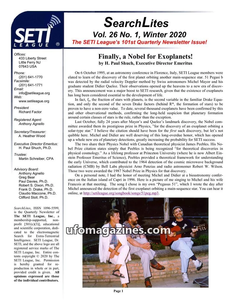Cover of SearchLites (SETI League) issue Vol. 26 No. 1: SearchLites