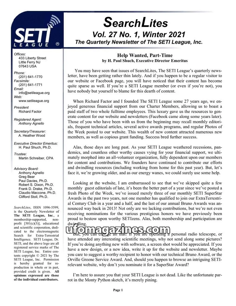 Cover of SearchLites (SETI League) issue Vol. 27 No. 1: SearchLites