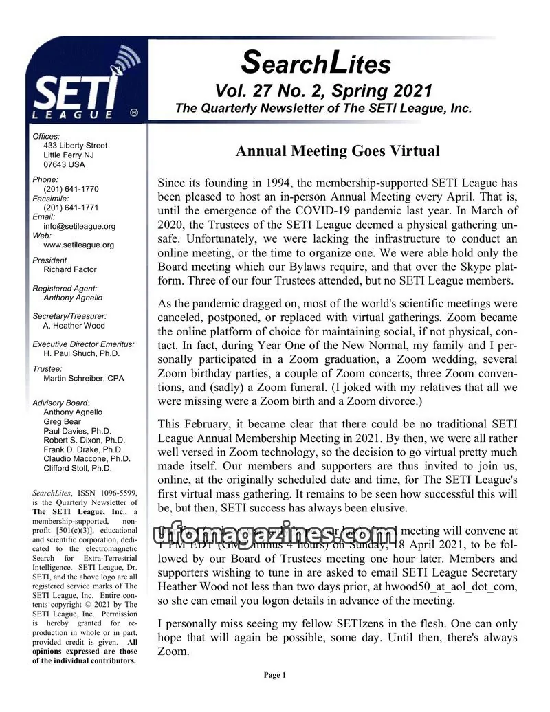Cover of SearchLites (SETI League) issue Vol. 27 No. 2: SearchLites