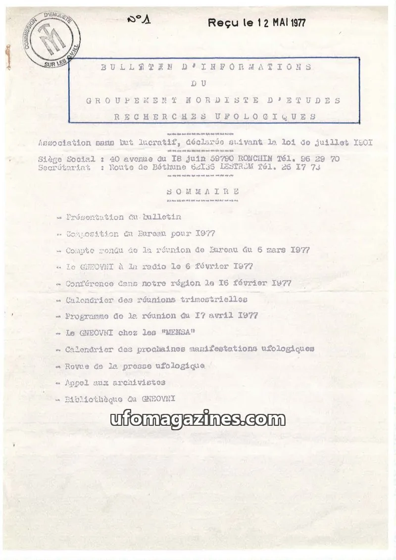 Cover of GROUPEMENT NORDISTE D'ETUDES RECHERCHES UFOLOGIQUES issue N°A: BULLETIN D'INFORMATIONS DU GROUPEMENT NORDISTE D'ETUDES RECHERCHES UFOLOGIQUES