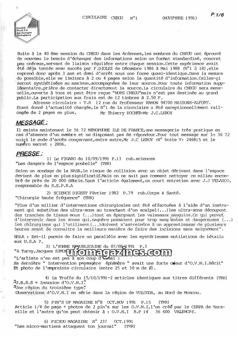 Cover of Comité Nord-Est des Groupes Ufologiques (CNEGU) issue 1: CIRCULAIRE CNEGU
