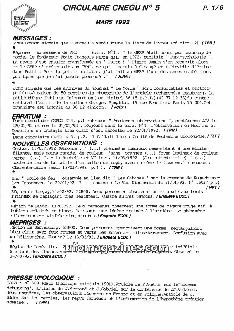 Cover of Comité Nord-Est des Groupes Ufologiques issue N° 5: CIRCULAIRE CNEGU