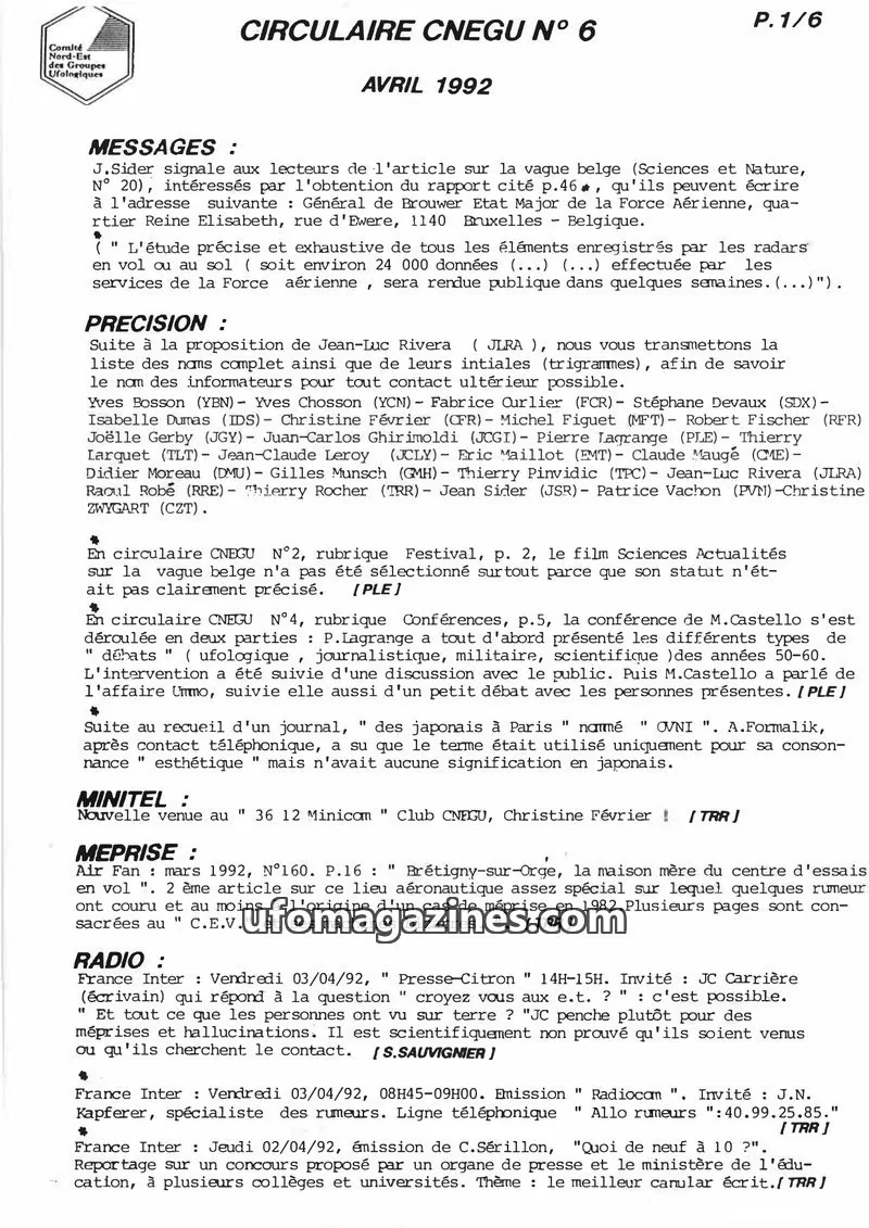 Cover of Comité Nord-Est des Groupes Ufologiques issue N° 6: CIRCULAIRE CNEGU