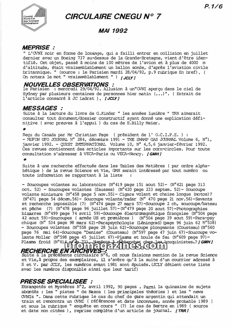 Cover of Comité Nord-Est des Groupes Ufologiques issue 7: CIRCULAIRE CNEGU