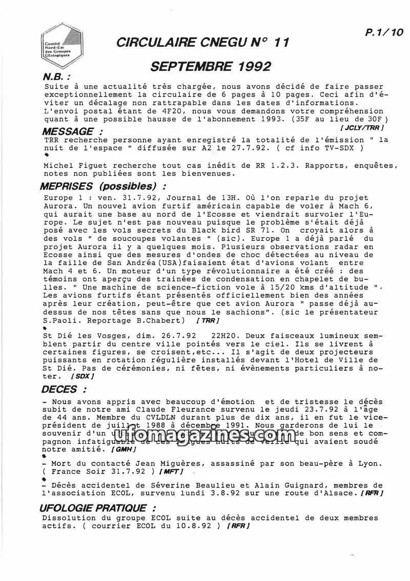 Cover of Comité Nord-Est des Groupes Ufologiques issue 11: CIRCULAIRE CNEGU