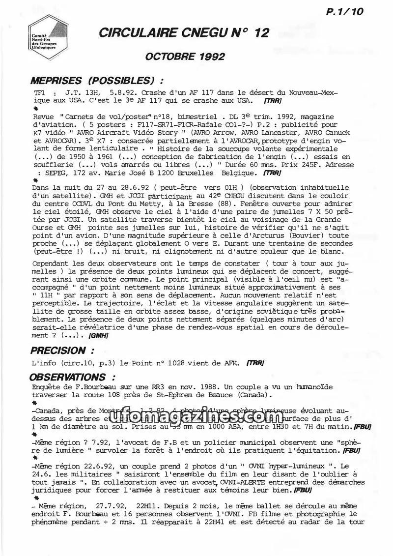Cover of Comité Nord-Est des Groupes Ufologiques issue N° 12: CIRCULAIRE CNEGU